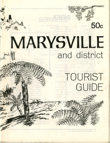 Shows a  tourist guide outlining services, accommodation, activites and places of interest to visit in and around Marysville and the local district.
