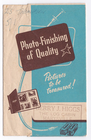Shows an envelope that was used to present photographs or negatives after they were developed and printed. This envelope was produced by Kodak and is from The Log Cabin in Marysville. Shows an ink stamp from The Log Cabin.
