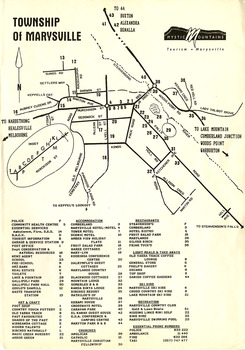 Shows a map of the township of Marysville. Shows a legend of services, various shops, accommodation sites, restaurants and recreation spots in the township.