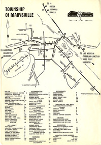 Shows a map of the township of Marysville. Shows a legend of services, various shops, accommodation sites, restaurants and recreation spots in the township.