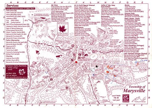 Shows a map of the township of Marysville indicating the locations of a number of services, businesses and local attractions for visitors.