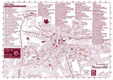 Shows a map of the township of Marysville indicating the locations of a number of services, businesses and local attractions for visitors.