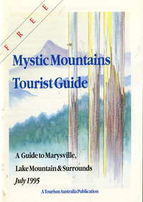 A tourist guide outlining services, accommodation, activities and places of interest to visit in and around Marysville and the local district. Front cover shows an illustration of tall trees with a mountain in the background. Reverse shows an advertisement for Lake Mountain.