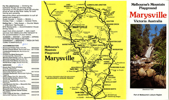 Shows a fold out tourist guide for Marysville and the surrounding district. Shows a photograph of Steavenson Falls and a map of the area surrounding Marysville. Shows a list of activities and various business and services that are available to visitors to the area.