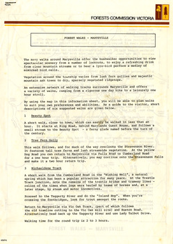 An information flyer that was produced as a guide to the forest walks in and near Marysville by the Forests Commission of Victoria. On the reverse of the flyer is a map showing the location of the walks.