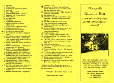 Shows an information brochure with a map of the township of Marysville along with a legend of historical sites in the township.