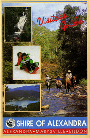 Shows a tourist guide for Alexandra, Marysville and Eildon produced by the Shire of Alexandra. Front cover shows photographs of Steavenson Falls, children riding a toboggan down a snowy hill, a view of Lake Eildon and people on horseback riding down a river. The back cover shows an advertisement for the Marylyn Guest House in Marysville.