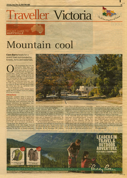Shows a newspaper article on Marysville, its local attractions, places to shop and dine, where to stay and ways of traveling to Marysville. Shows a photograph of the main street and a photograph of a sculpture with a small weatherboard building in the background.