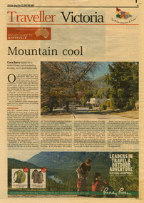 Shows a newspaper article on Marysville, its local attractions, places to shop and dine, where to stay and ways of traveling to Marysville. Shows a photograph of the main street and a photograph of a sculpture with a small weatherboard building in the background.
