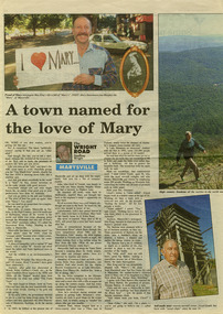 Shows a digital copy of a newspaper article on Marysville and some of its history as well as some local identities. Shows photographs of the local identies mentioned in the article.
