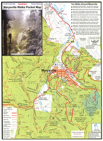 Shows a pocket map of the various walking tracks in and around Marysville. Shows a legend for the map and a list of ten walks around Marysville. Shows a photograph of Steavenson Falls during winter. 
