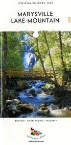 A visitors' map of Marysville and Lake Mountain produced by Visit Victoria. Front cover shows a photograph of Steavenson Falls in Marysville. Reverse cover shows photographs and information for Lake Mountain.