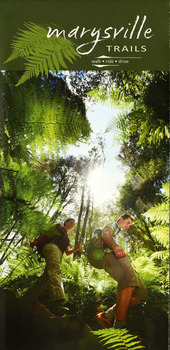 Shows a map showing all the walking trails in and around Marysville and the district. Front cover shows a photograph two people walking though the forest. Reverse cover shows a map showing the route to Marysville from Melbourne with information regarding various organisations involved in producing the map.