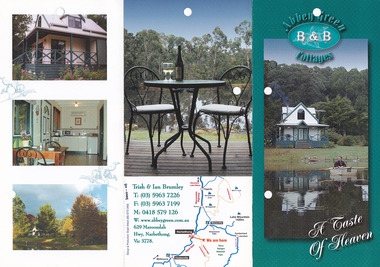 Shows a series of photographs of the cottages and their surrounds. Shows photographs of the interiors and exteriors of the cottages as well as a photograph of the small lake on the property. Also shows a small map on the route to follow from Melbourne along with information regarding the hosts and telephhone numbers.