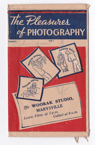 Shows an envelope that was used to present photographs or negatives after they were developed and printed. Envelope is red, cream and black with the title along the upper edge. Shows a place for the customer's name and a place to write a number. Shows three cartoon drawings with images of people taking photographs, sending photographs and keeping photographs for pleasure. Shows the name of The Woorak Studio, Marysville with the times for leaving your film for developing and the time your photographs or negatives will be available for picking up.
