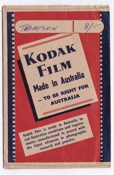Shows a place for the customer's name and the charge for printing. Shows a rectangle with the words "Kodak Film Made in Australia - To be right for Australia. Shows another rectangle with the words "Kodak Film is made in Australia to suit Australian conditions and requirements-manufactured in accord with the latest advances in photographic research and practice.