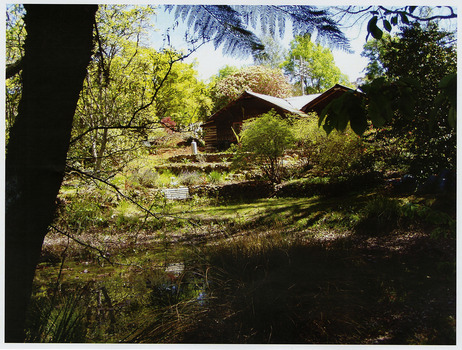 Shows The Log Cabin in Marysville surrounded by the gardens of terraced flower beds and shrubs and trees.