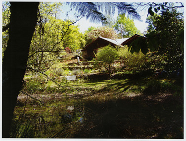 Shows The Log Cabin in Marysville surrounded by the gardens of terraced flower beds and shrubs and trees.