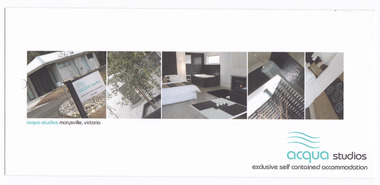 Front shows a series of photographs of the exterior and interior of the studio accommodation. Reverse shows more photographs along with information on the studios, address, telephone number, email and website addresses.