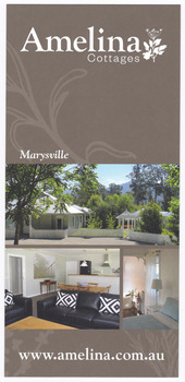 Shows an information flyer regarding Amelina Cottages. Front shows three photographs of the exterior and interior of one of the cottages. Reverse shows another three photographs and information regarding the cottages and their location. Also shows booking information.