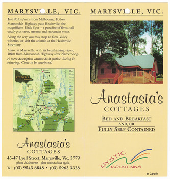 Shows an information brochure for Anastasia's Cottages in Marysville. Front shows a photograph of one of the cottages. Inside of the brochure shows two photographs of some of the interior of the cottage with a short synopsis of the cottages and local birdlife and activities. Shows also a photograph of a river and a person cross country skiing at Lake Mountain with a short synopsis on the activites that can be undertaken in the area during each of the four seasons. Reverse shows information regarding the journey to Marysville from Melbourne with a small map of the region. Also shows contact information for the cottages.