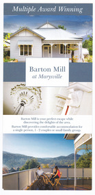 Shows an information flyer regarding Barton Mill in Marysville. Front shows two photographs of the exterior of Barton Mill. Reverse shows two more photographs, one of the interior along with information regarding the amenities available. Also shows contact details for Barton Mill.