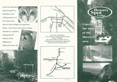 Shows an information brochure for Beauty Spot Lodge in Marysville. Front shows a variety of photographs of the birdlife and surrounding landscape. Middle shows photographs of some of the natural attractions and wildlife in the area. Reverse shows a small map of the location of Beauty Spot Lodge within Marysville and another map of the journey to Marysville from Melbourne along with contact details for the accommodation. 