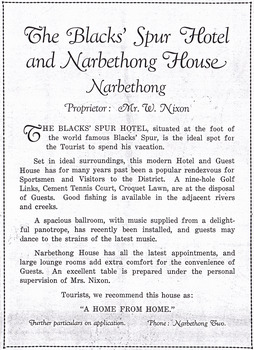 Shows and advertisement for The Blacks' Spur Hotel and Narbethong House.