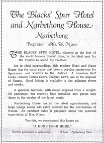 Shows and advertisement for The Blacks' Spur Hotel and Narbethong House.