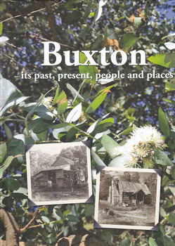 Shows a background of the gum tree Buxton Silver Gum leaves and blossoms. Shows two small black and white photographs; one of Keppels shed and waterwheel and one an abandonded mill house in the local area. 
