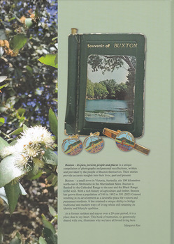 Shows the front cover of a small book entitled 'Souvenir of BUXTON'. Shows three souvenir badges from Cathedral Mountain. Below is the blurb about the book.