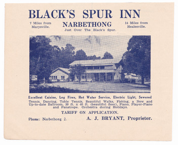 Shows and advertisement for the Blacks' Spur Inn in Narbethong. Shows a photograph of the inn with information about the amenities available. Also shows contact details for the inn.