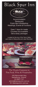 Shows an information flyer regarding the Black Spur Inn in Narbethong. Front shows a photograph of some of the meals available at the inn along with the, opening days, address and contact details for the inn. Reverse shows the facilities that are available at the inn.