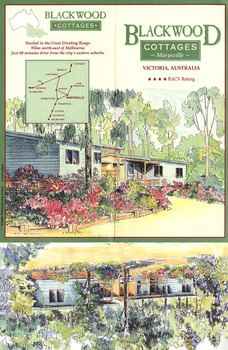 Shows an information brochure regarding Blackwood Cottages in Marysville. Front shows an illustration of one of the cottages. Middle shows information regarding the available facilites at the cottages as well as some of the attractions to be seen in and around Marysville. Reverse shows a small map of the route from Melbourne to Marysville and Lake Mountain.