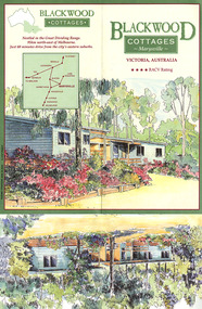 Shows an information brochure regarding Blackwood Cottages in Marysville. Front shows an illustration of one of the cottages. Middle shows information regarding the available facilites at the cottages as well as some of the attractions to be seen in and around Marysville. Reverse shows a small map of the route from Melbourne to Marysville and Lake Mountain.