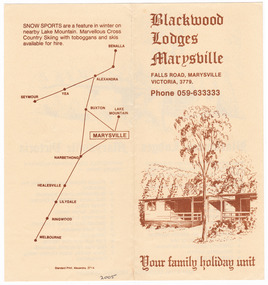 Shows an information brochure regarding Blackwood Cottages in Marysville. Front shows an illustration of one of the cottages along with contact details. Middle shows a list of the facilities available in the cottages and a list of attractions to see in an around Marysville. Reverse shows a small map of the journey from Melbourne to Marysville and Lake Mountain.