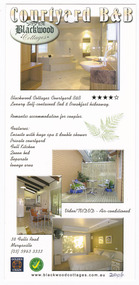 Shows an information flyer regarding Blackwood Cottages in Marysville. Shows photographs of the interior of one of the cottages with information regarding the available features of the cottage. Also shows the address, telephone number and website address of the cottages.