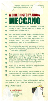 Shows the reverse side of the entry ticket. shows a brief history of Meccano and of the builder of the collection of Meccano models that could be seen at Manical Mechanicals.