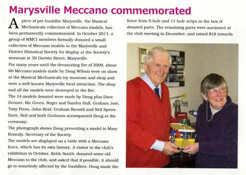 Shows an article and photograph regarding the donation of Meccano models to the Marysville & District Historical Society.