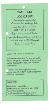 An information flyer regarding Camellia Log Cabin in Marysville. Front shows amenities that will be available once construction of the cottage is completed. Reverse shows a photograph of the exterior of the cottage, a floorplan and a small hand drawn map of the location of the cottage within Marysville.
