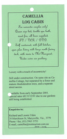 An information flyer regarding Camellia Log Cabin in Marysville. Front shows amenities that will be available once construction of the cottage is completed. Reverse shows a photograph of the exterior of the cottage, a floorplan and a small hand drawn map of the location of the cottage within Marysville.