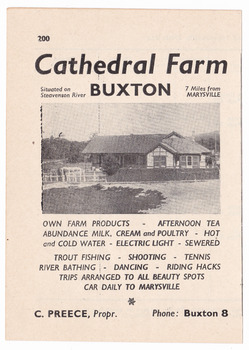 An advertisement regarding Cathedral Farm at Buxton. Shows a photograph of the exterior of the farmhouse with a list of produce and the amenities available at the farm. Also shows the proprietor's name and the telephone number for contacting the farm.