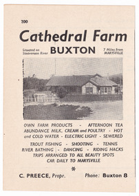 An advertisement regarding Cathedral Farm at Buxton. Shows a photograph of the exterior of the farmhouse with a list of produce and the amenities available at the farm. Also shows the proprietor's name and the telephone number for contacting the farm.