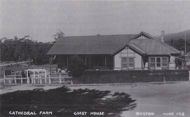 A black and white photograph of Cathedral Farm at Buxton. Shows a photograph of the exterior of the farmhouse.