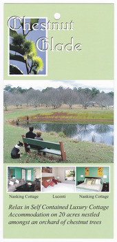 An information flyer regarding accommodation at Chestnut Glade in Narbethong. Front shows a photograph of a lake on the property and three photograph of the interior of the two cottages. Reverse shows more photographs of the interiors of the cottages as well a few of the features of the cottages. Also shows a small map of the location of the cottages as well as contact details for the cottages. 