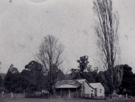 A black and white photograph of Cloverdale near Marysville in Victoria. Shows a verandah fronted home surrounded by trees.