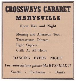 An advertisement regarding the Crossways Cabaret in Marysville.