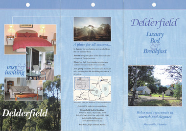 An information brochure regarding Delderfield Bed and Breakfast in Marysville.