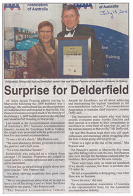 A newspaper article regarding the awarding of a 2011 National Accommodation Industry Awards for Excellence for Delderfield Luxury Bed & Breakfast in Marysville.