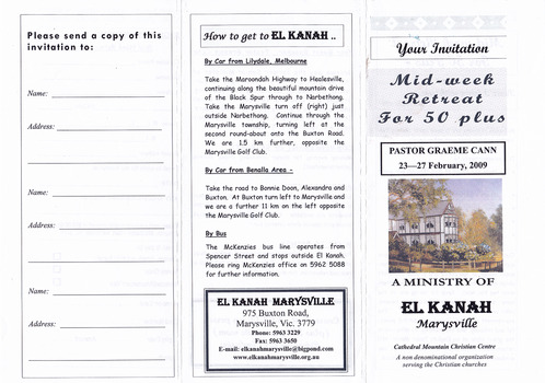An information brochure regarding an event that was scheduled to take place in February 2009 at El Kanah in Marysville.